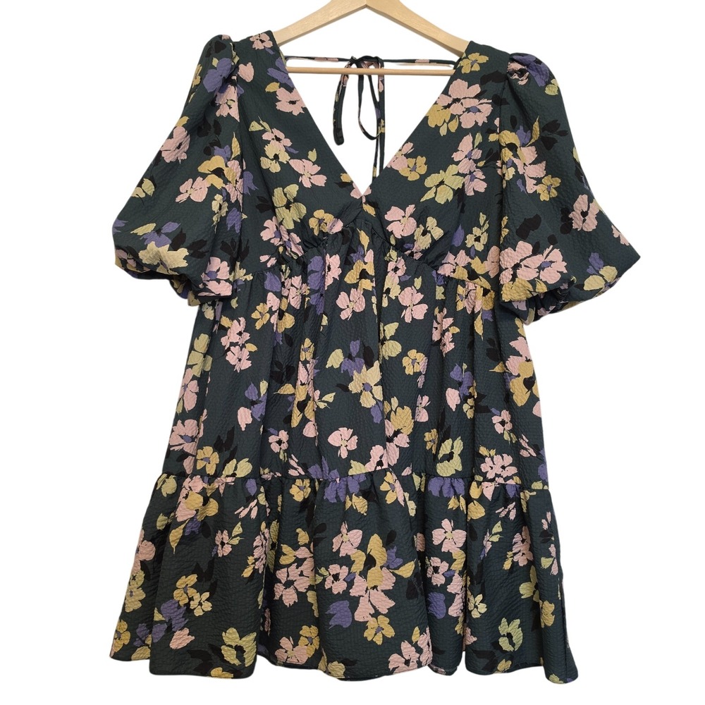 Nobody's Child Vienna Balloon Sleeve Green Floral Mini Dress Deep V-Neck Size 12